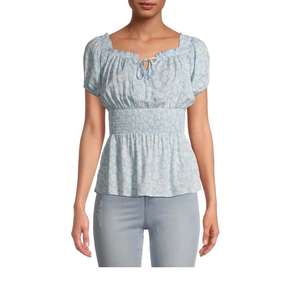 No Boundaries Tops - No Boundaries Jrs Blue Short Sleeve Peasant Floral Print Top XL (15-17) NEW
